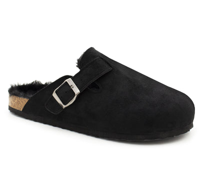 Womens Winter Black Slippers Faux Fur Lined Suede Clogs Slip On Adjustable Buckle Cork Footbed Backless Mules Ladies Casual Slippers