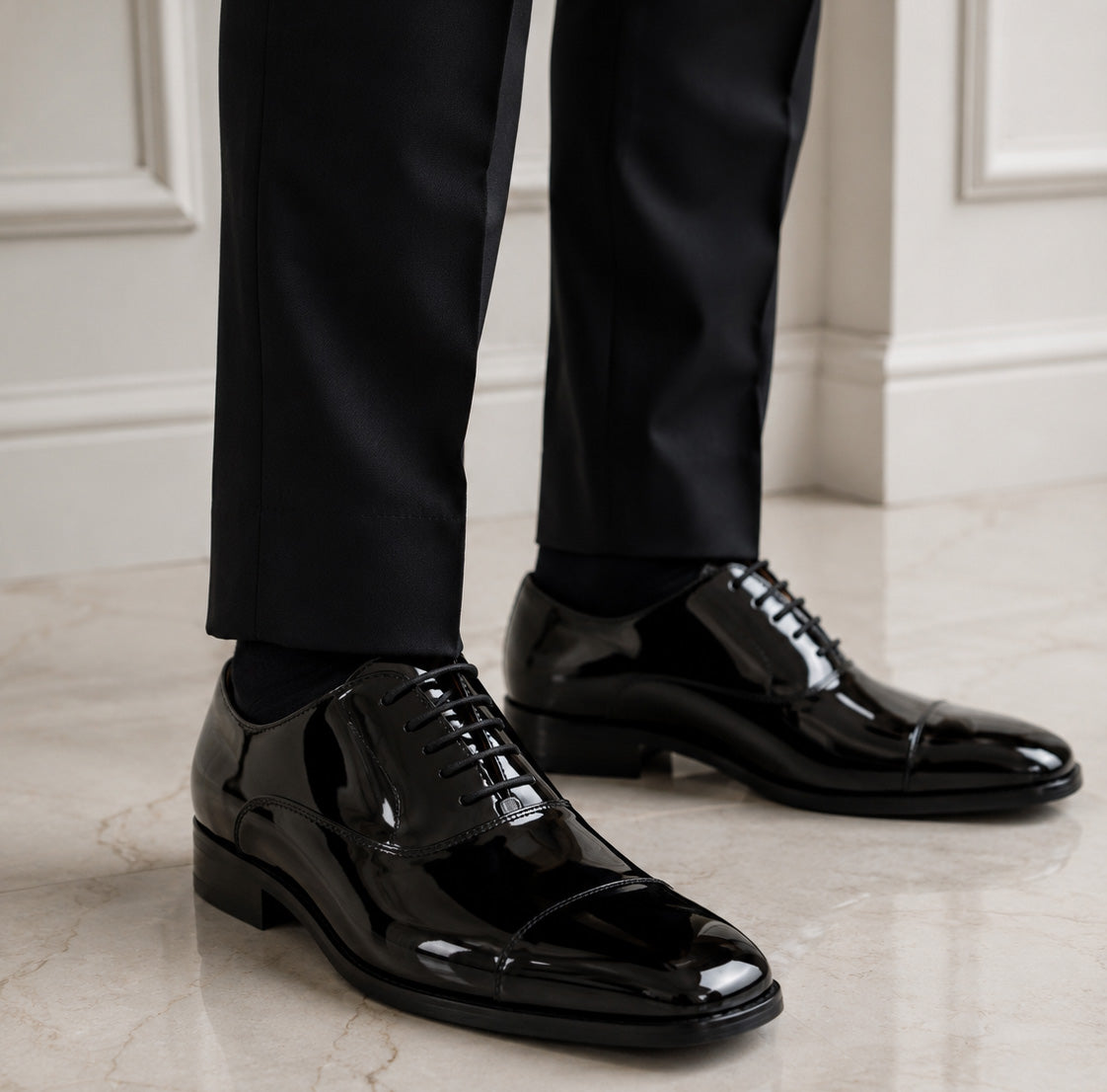 Mens Smart Formal Black Patent Shine Oxford Cap Toe Derby Dress Shoe