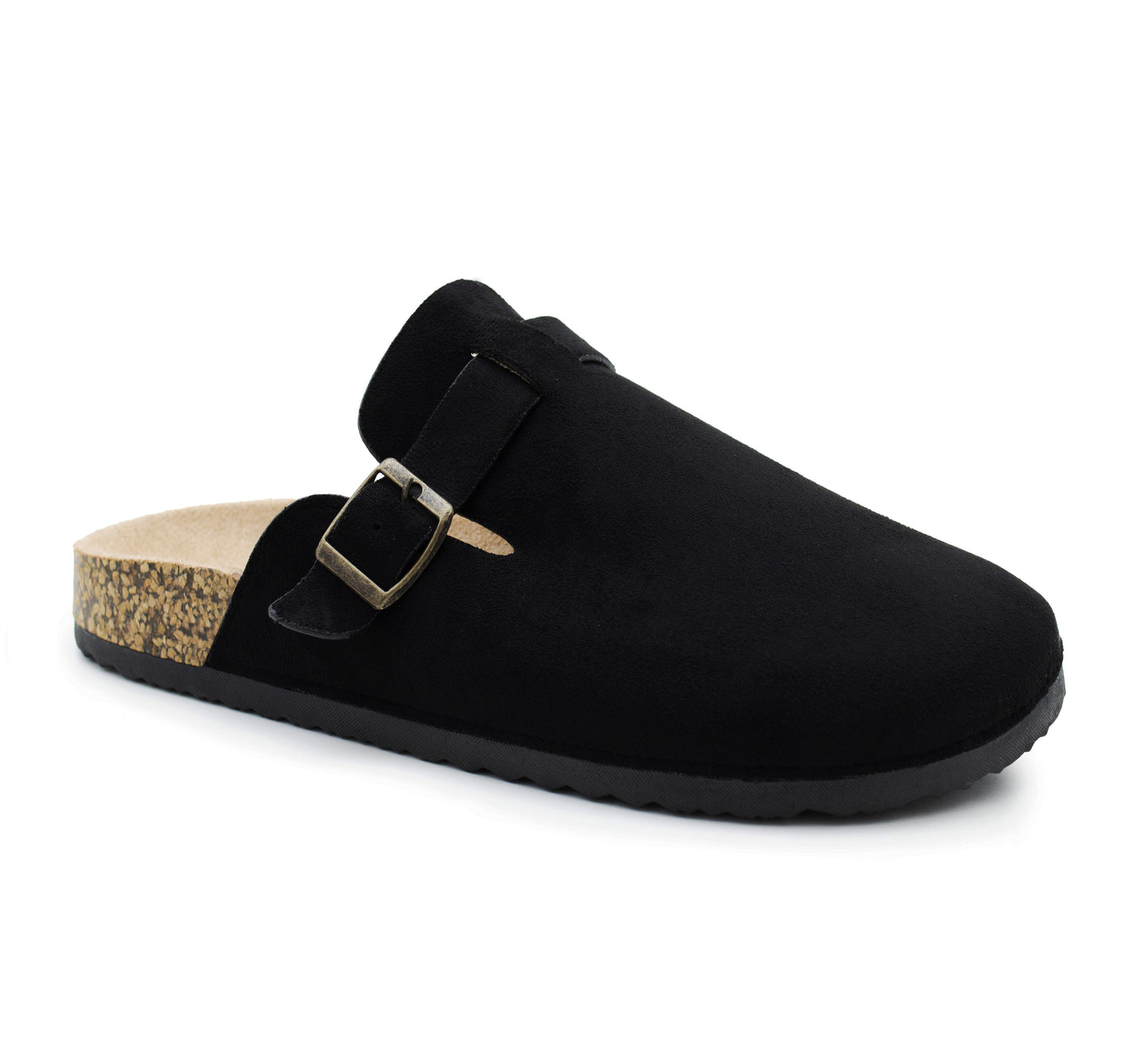Womens Faux Suede Clogs Slip On Adjustable Buckle Cork Footbed Arch Support Ladies Backless Mules Flat Casual Slippers