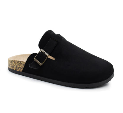 Womens Faux Suede Clogs Slip On Adjustable Buckle Cork Footbed Arch Support Ladies Backless Mules Flat Casual Slippers