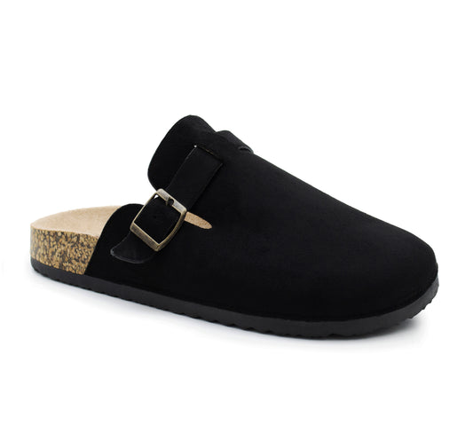Womens Faux Suede Clogs Slip On Adjustable Buckle Cork Footbed Arch Support Ladies Backless Mules Flat Casual Slippers