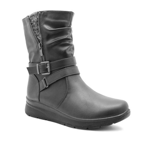 Womens Mid Calf Biker Boots Black Warm Fleece Lined Winter Zip Up Casual Combat Boots