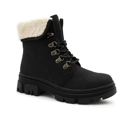 Womens Black Winter Ankle Boots Chunky Sole Platform Faux Fur Lined Warm Fleece Trim Ladies High Top Hiking Combat Fashion Boots