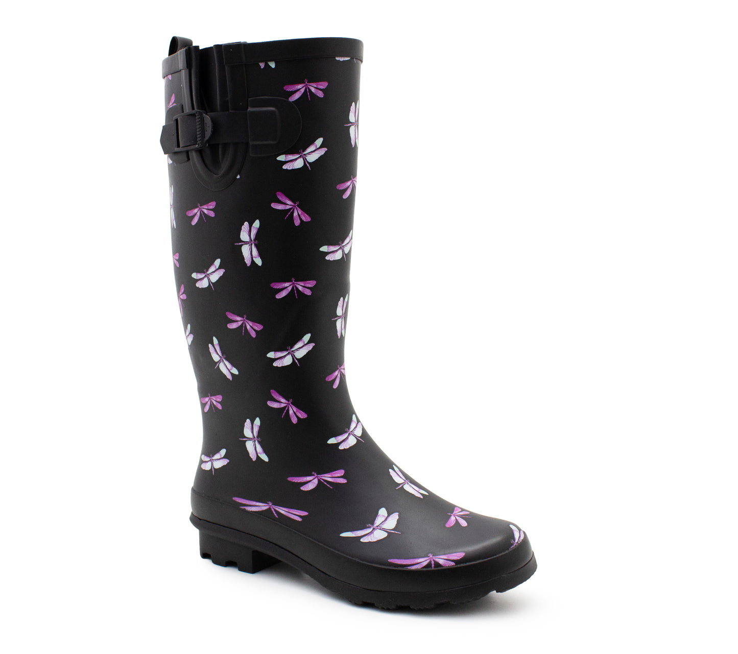 Womens Adjustable Calf Wellies Black Dragonfly Waterproof Ladies Fashion Festival Dog Walking Rain Mud Wellington Boots