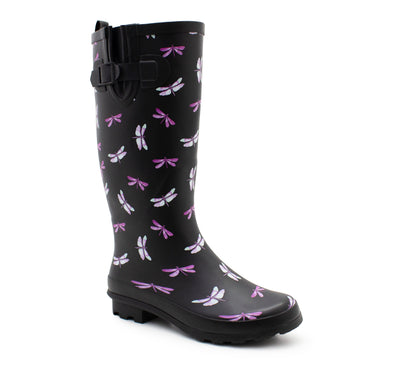 Womens Adjustable Calf Wellies Black Dragonfly Waterproof Ladies Fashion Festival Dog Walking Rain Mud Wellington Boots