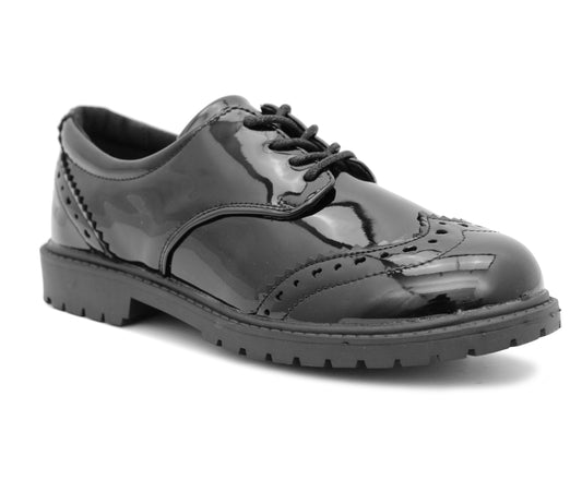Girls Patent Brogue School Shoes Lace Up Smart Oxford Loafers Uniform Shoes