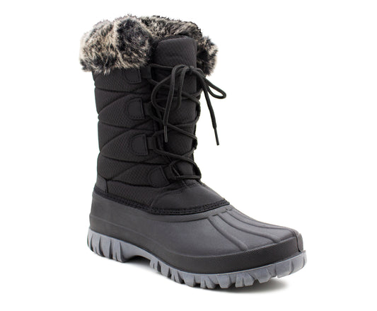 Womens Faux Fur Snow Boots Thermal Warm Fleece Lined Insulated Lace Up Mid Calf Winter Mucker Boot Farm Yard Mud Wellies Boots