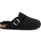 Womens Winter Black Slippers Faux Fur Lined Suede Clogs Slip On Adjustable Buckle Cork Footbed Backless Mules Ladies Casual Slippers