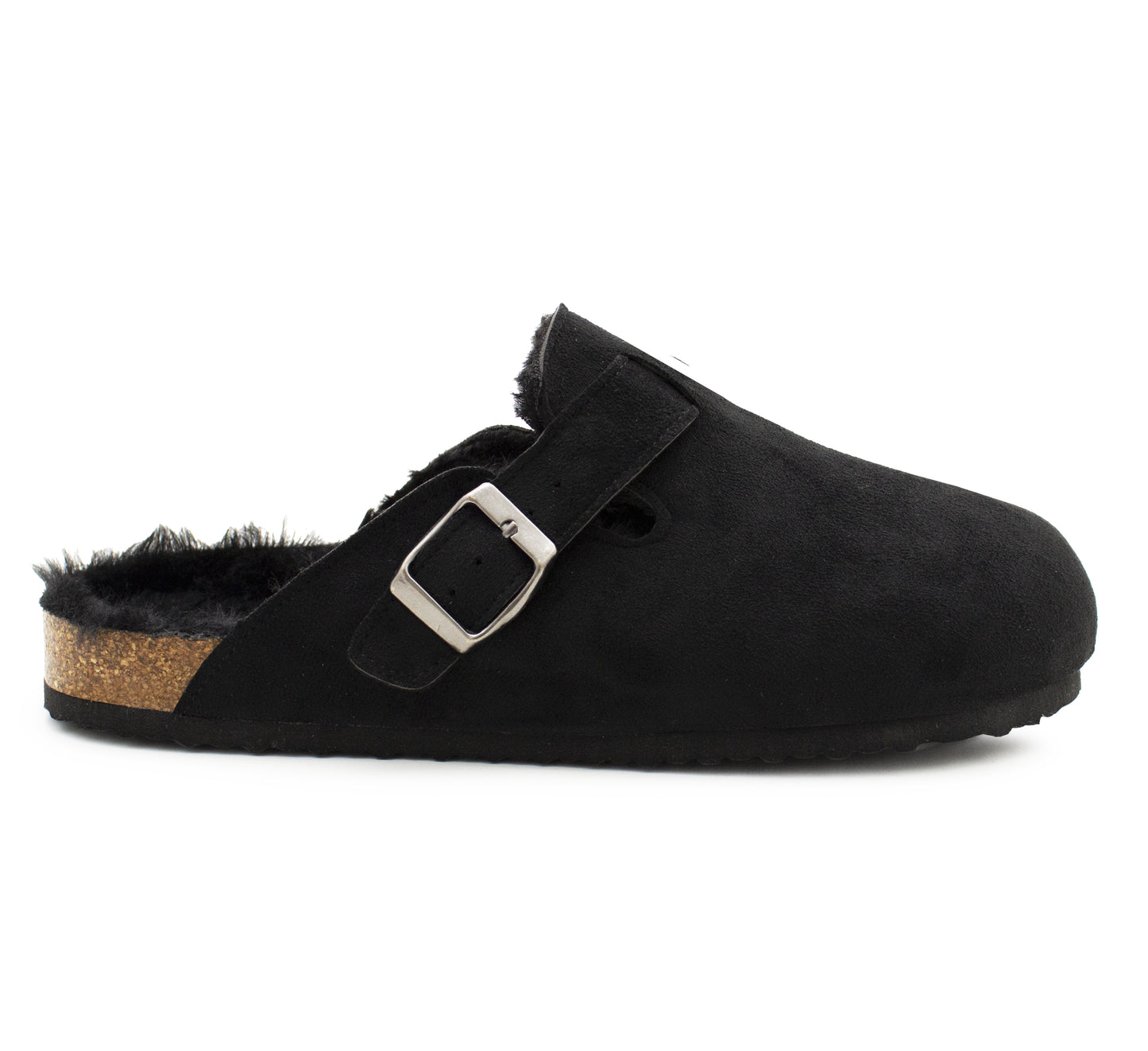 Womens Winter Black Slippers Faux Fur Lined Suede Clogs Slip On Adjustable Buckle Cork Footbed Backless Mules Ladies Casual Slippers