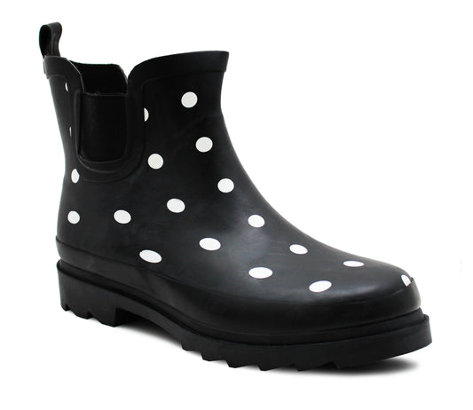 Ladies Black White Polka Dot Ankle Wellies Womens Slip On Waterproof Elastic Chelsea Style Low Cut Black Ankle High Wellington Boots