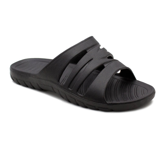 Womens All Black Sliders EVA Lightweight Ladies Summer Beach Shower Bathroom Fashion Spa Slipper Mules Flip Flop Sandals