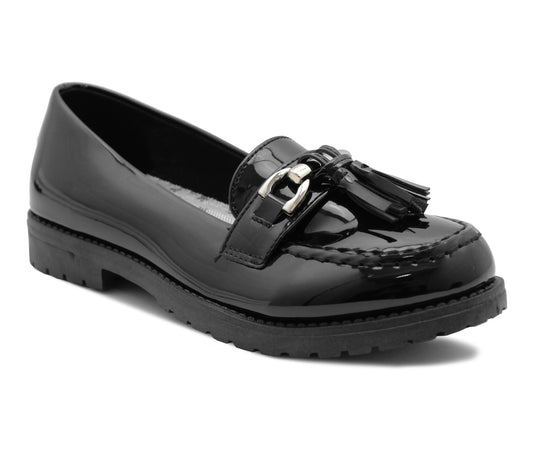 AVA Girls Slip On School Shoes Kids Black Patent Smart Formal Uniform Buckle Tassel Loafers Pumps