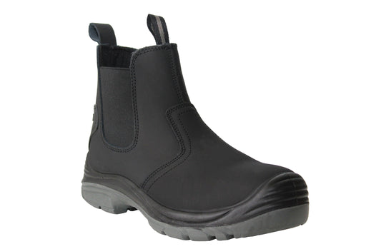 Mens Lightweight Black Leather Safety Steel Toe Slip On Twin Gusset Work Dealer Boots Shoes
