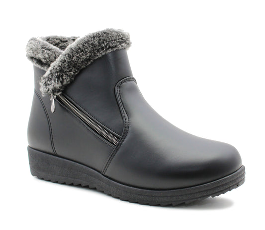 Womens Fur Lined Ankle Boots Black Winter Warm Zip Up Fur Trim Casual Comfort Low Wedge Boots