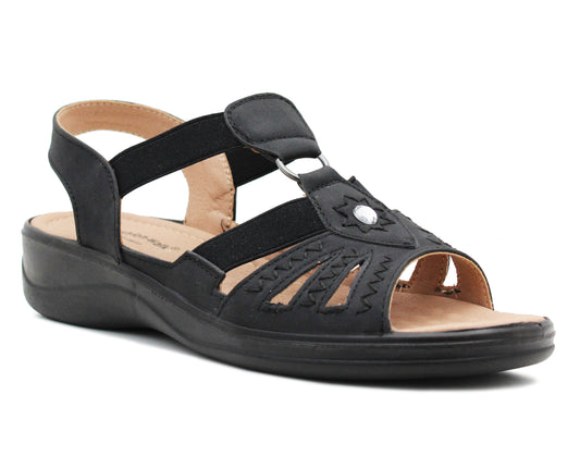 Womens Slip On Elasticated Sandals Low Wedge Heel Strap Ladies Casual Fashion Summer Beach Slingbacks in Black