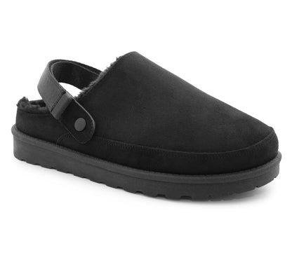 Womens Warm Slippers Black Faux Suede Fur Lined Clogs Adjustable Strap Slip On Mules Ladies Faux Suede Winter Cosy Indoor House Shoes