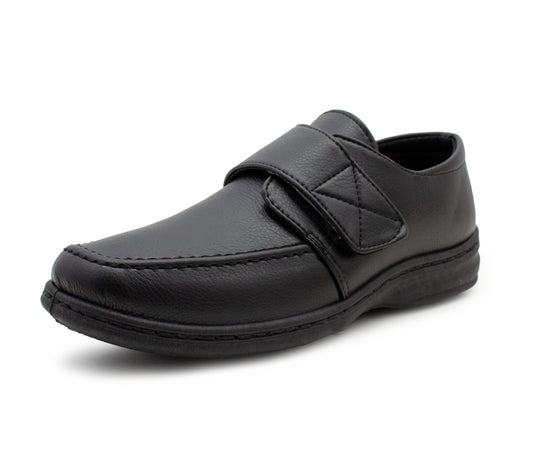 Mens Touch Fasten Formal Shoes Black Faux Leather Gel Foam Insole Smart Office Loafers