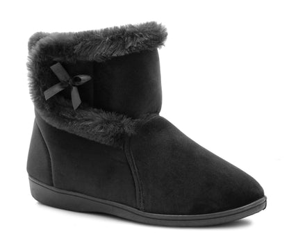 Womens Touch Fasten Slipper Boots Ladies Warm Velour Ankle Bootee Slip On Indoor House Shoes Booties