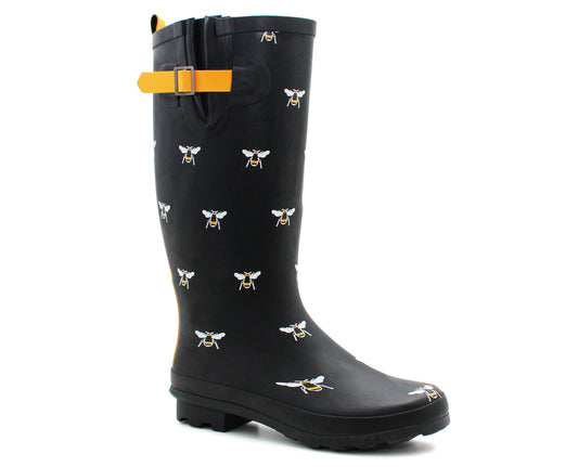 Womens Adjustable Calf Wellies Honey Bee Waterproof Ladies Fashion Festival Dog Walking Rain Mud Wellington Boots