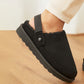 Womens Warm Slippers Black Faux Suede Fur Lined Clogs Adjustable Strap Slip On Mules Ladies Faux Suede Winter Cosy Indoor House Shoes