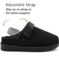Womens Warm Slippers Black Faux Suede Fur Lined Clogs Adjustable Strap Slip On Mules Ladies Faux Suede Winter Cosy Indoor House Shoes