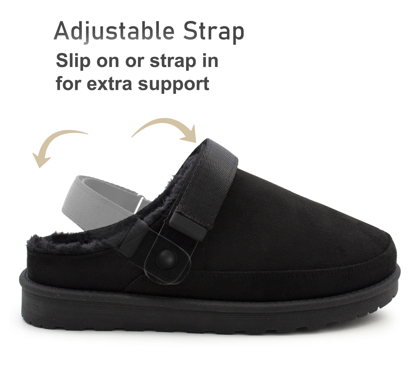Womens Warm Slippers Black Faux Suede Fur Lined Clogs Adjustable Strap Slip On Mules Ladies Faux Suede Winter Cosy Indoor House Shoes