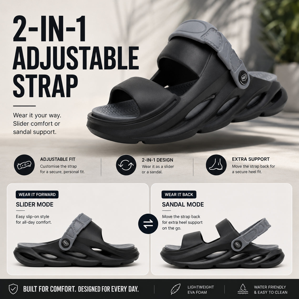 Mens EVA Sandals Adjustable Lightweight Chunky Slides Summer Beach Pool Garden Clog