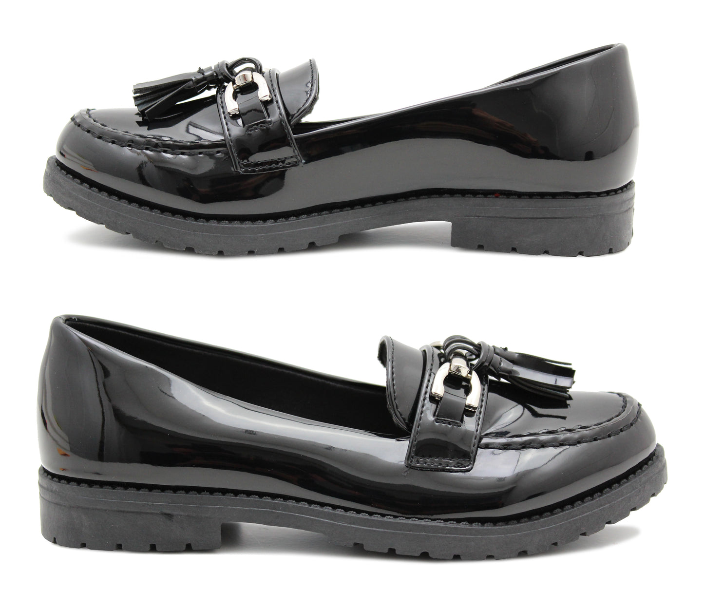 AVA Girls Slip On School Shoes Kids Black Patent Smart Formal Uniform Buckle Tassel Loafers Pumps