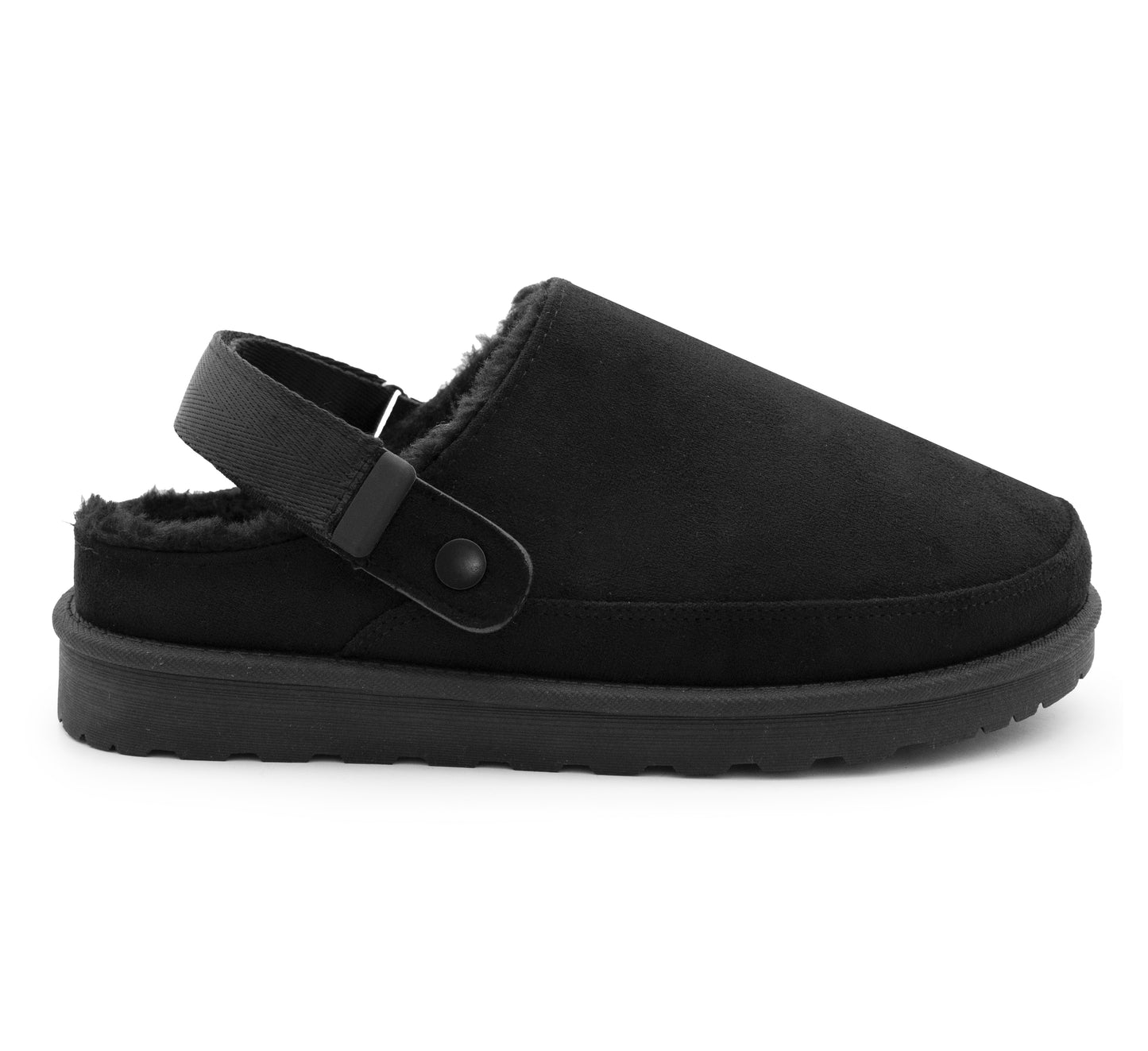 Womens Warm Slippers Black Faux Suede Fur Lined Clogs Adjustable Strap Slip On Mules Ladies Faux Suede Winter Cosy Indoor House Shoes
