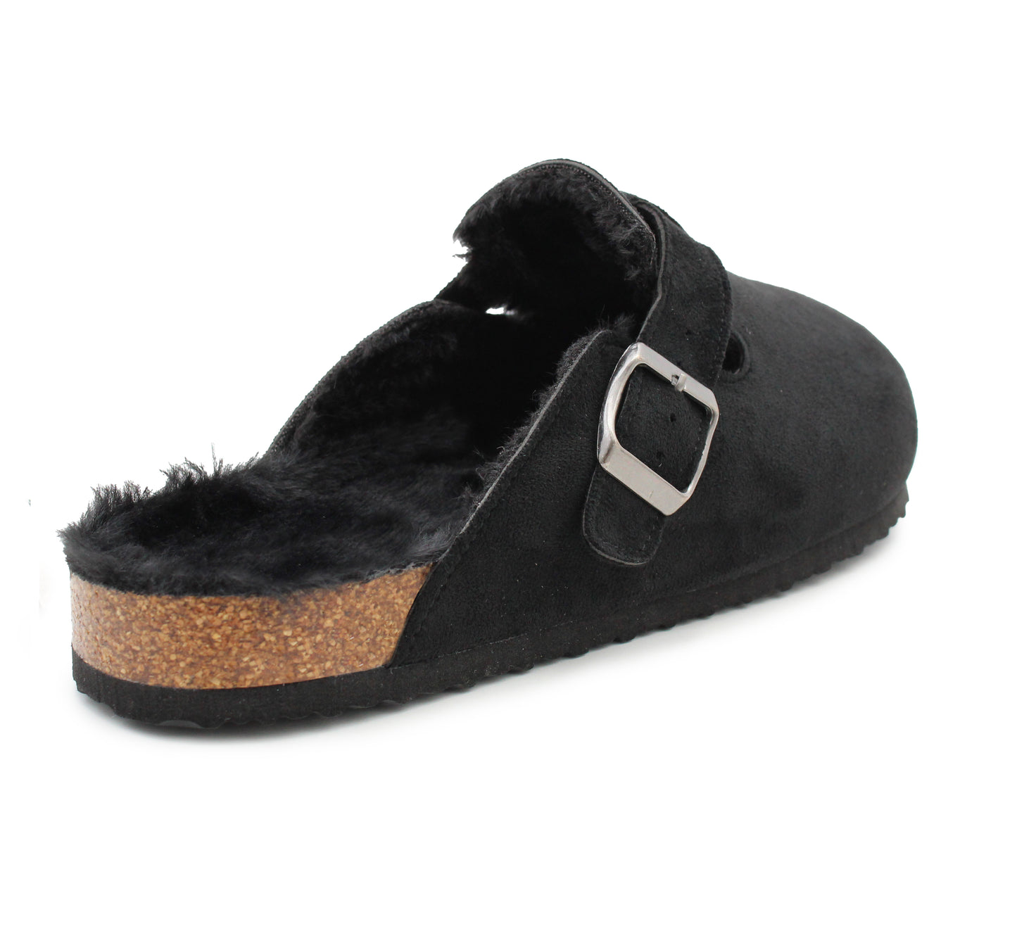 Womens Winter Black Slippers Faux Fur Lined Suede Clogs Slip On Adjustable Buckle Cork Footbed Backless Mules Ladies Casual Slippers