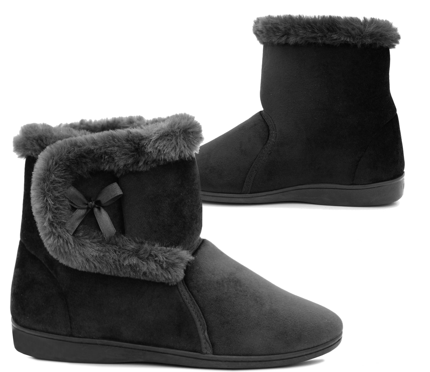 Womens Touch Fasten Slipper Boots Ladies Warm Velour Ankle Bootee Slip On Indoor House Shoes Booties