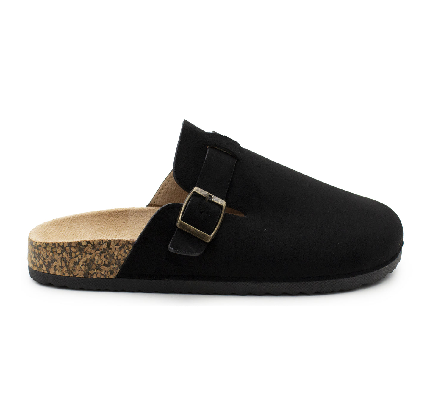 Womens Faux Suede Clogs Slip On Adjustable Buckle Cork Footbed Arch Support Ladies Backless Mules Flat Casual Slippers