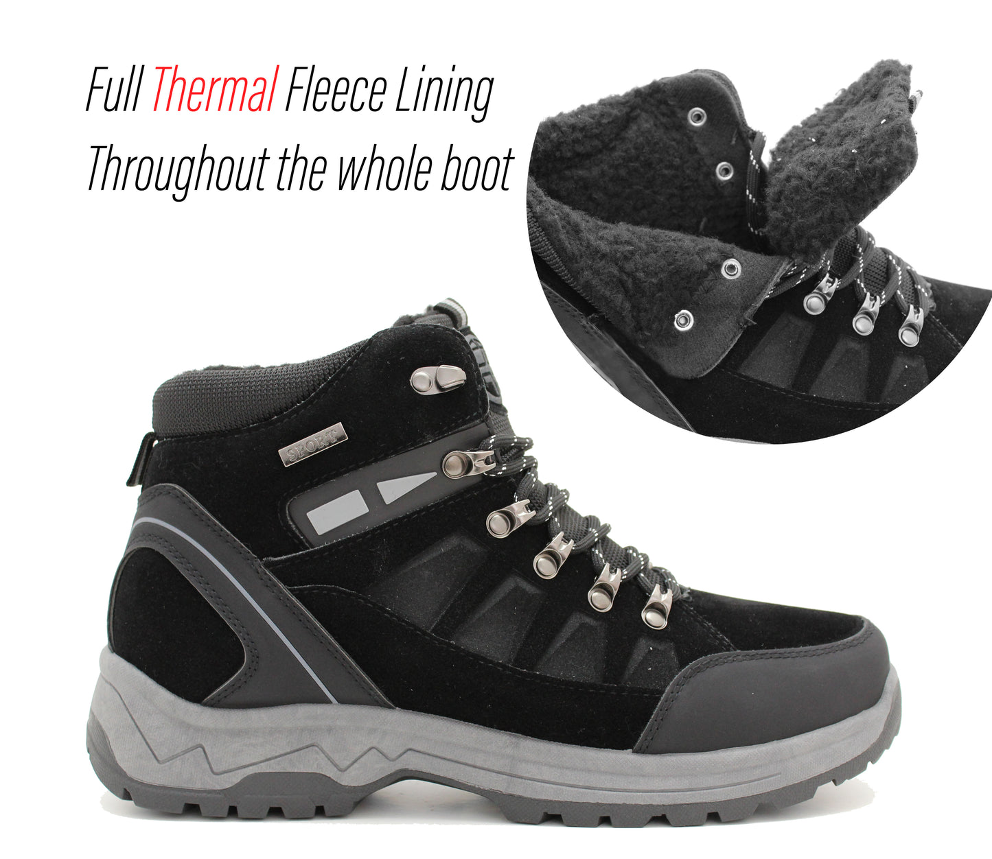 Mens Thermal Hiking Boots Warm Fleece Lined Insulated Lace Up Black Faux Suede Trekking Ankle Snow Boots