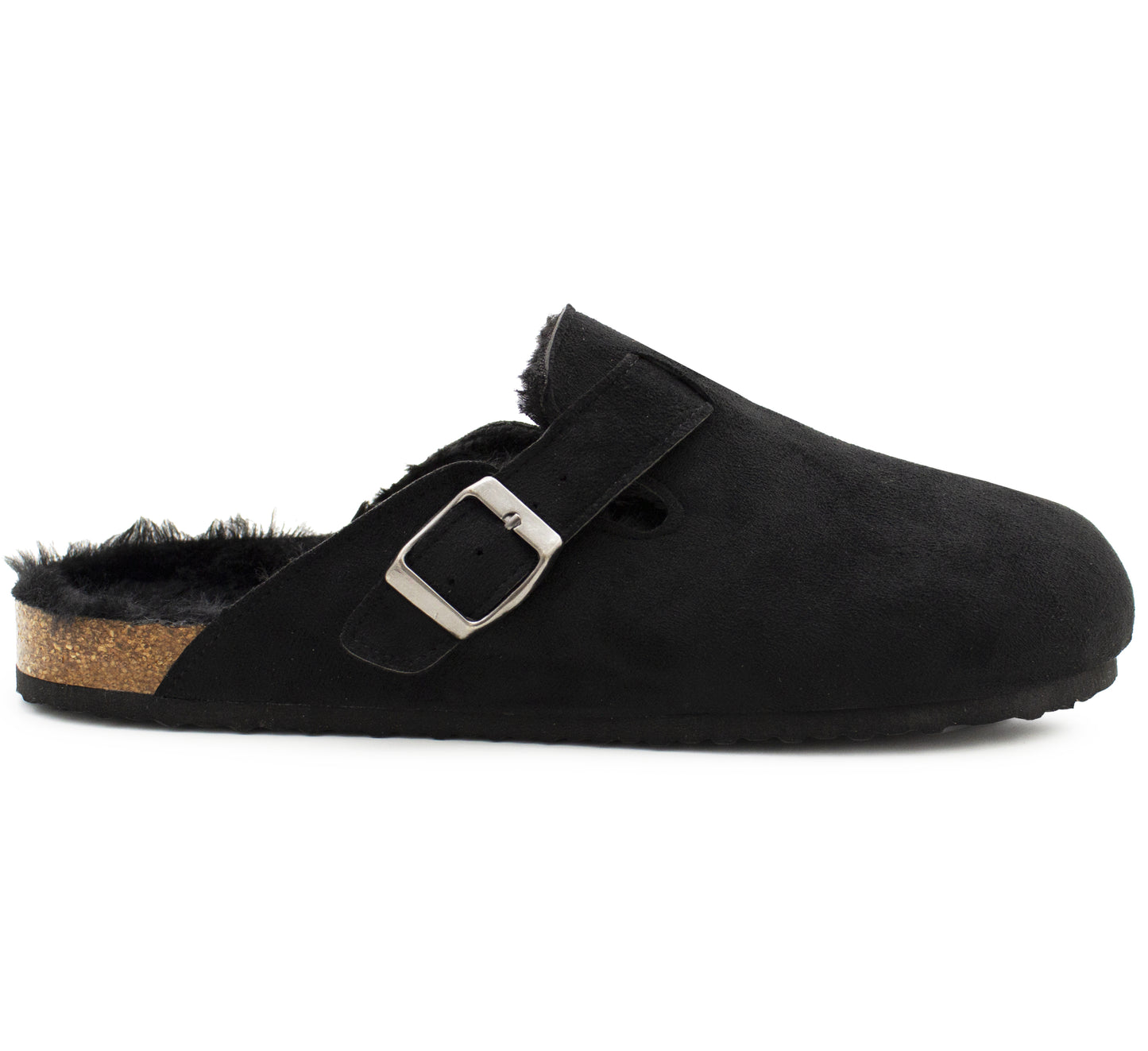 Mens Winter Slippers Faux Fur Lined Suede Clogs Slip On Adjustable Buckle Cork Footbed Backless Mules Houseshoes Slippers