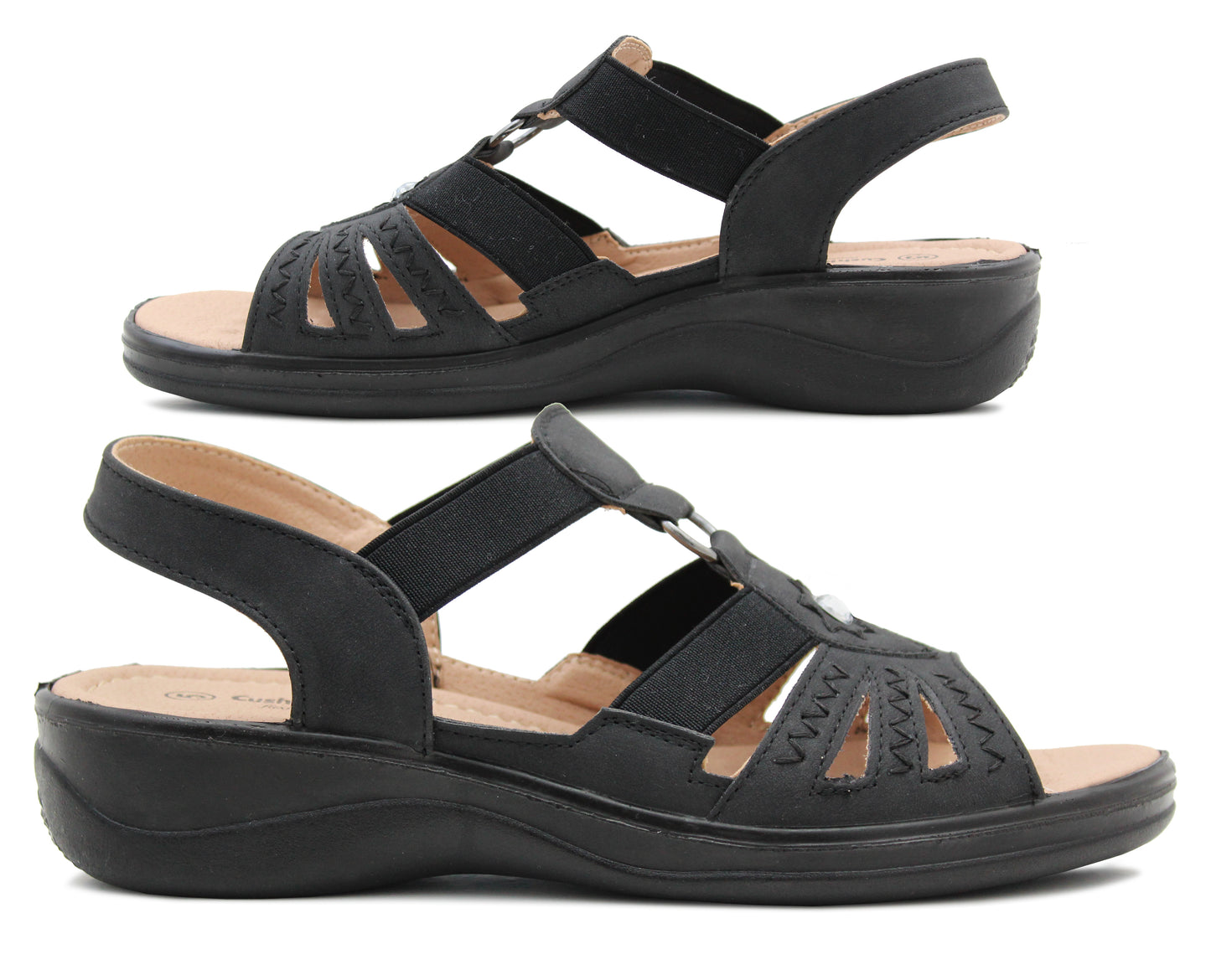Womens Slip On Elasticated Sandals Low Wedge Heel Strap Ladies Casual Fashion Summer Beach Slingbacks in Black