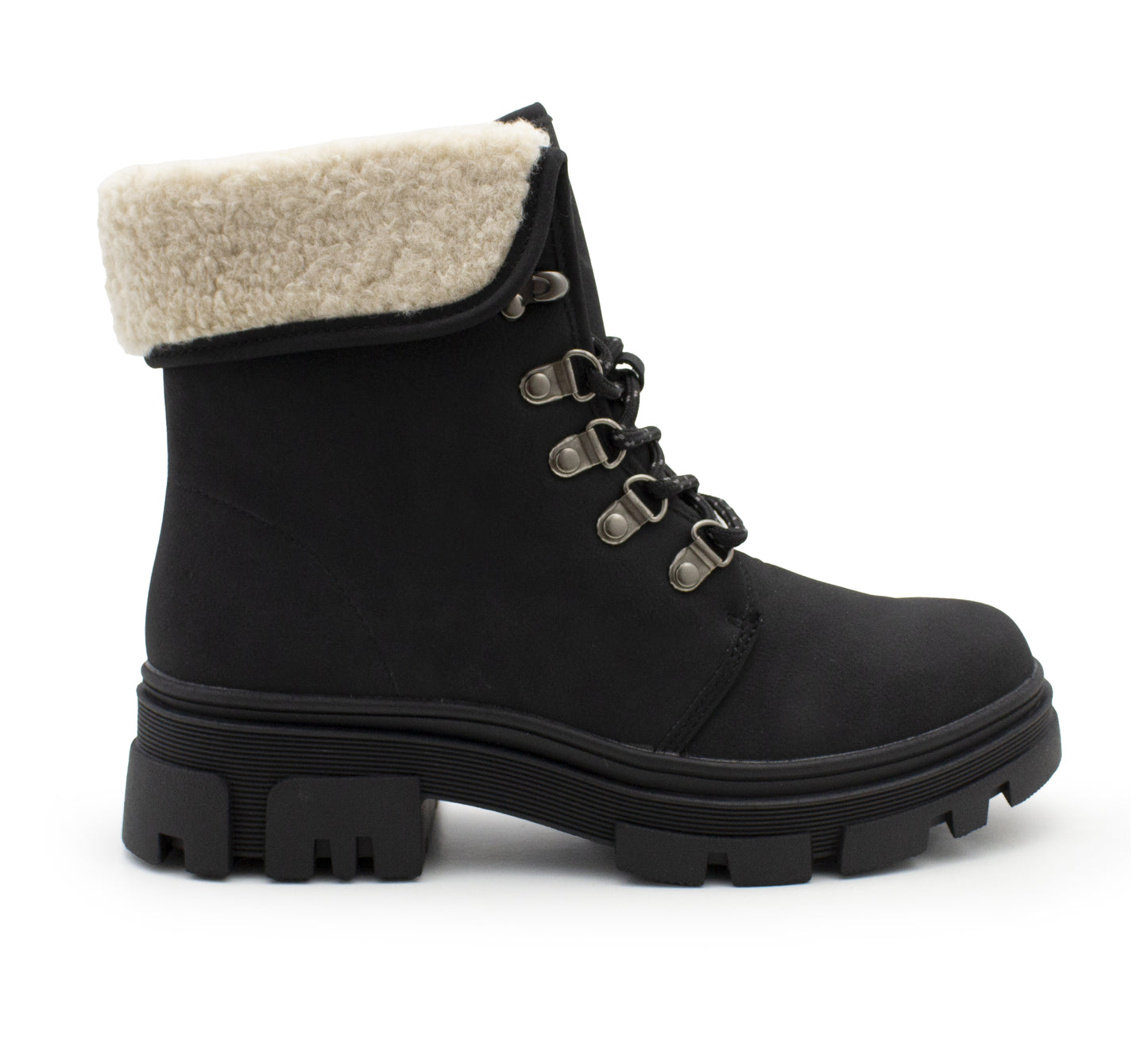 Womens Black Winter Ankle Boots Chunky Sole Platform Faux Fur Lined Warm Fleece Trim Ladies High Top Hiking Combat Fashion Boots
