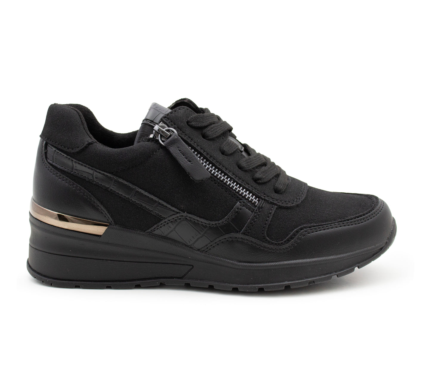 Womens Platform Wedge Trainers Black Lace Up Zip Memory Foam Casual Comfort Sneakers Cushioned Sole Fashion Shoes