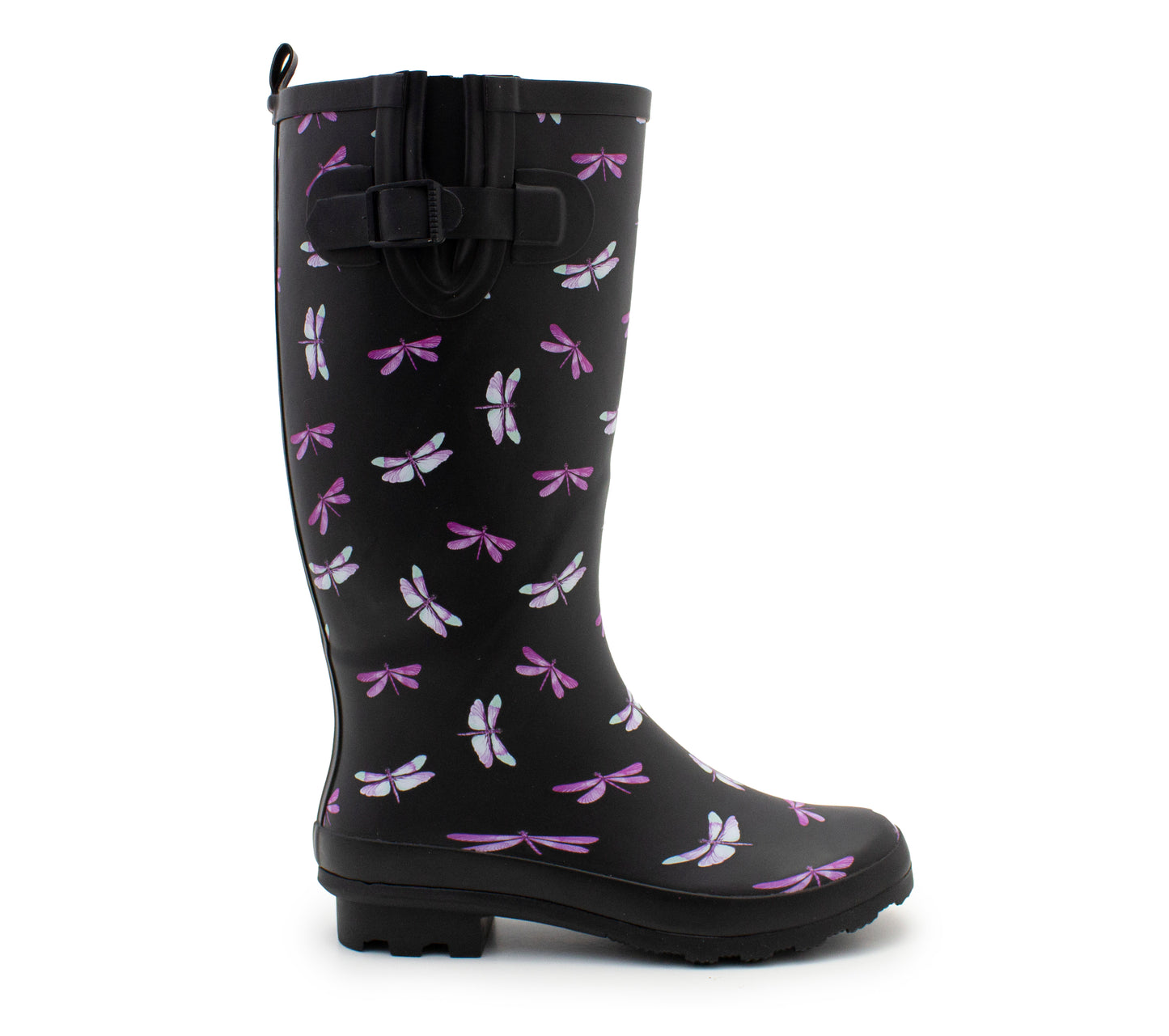 Womens Adjustable Calf Wellies Black Dragonfly Waterproof Ladies Fashion Festival Dog Walking Rain Mud Wellington Boots