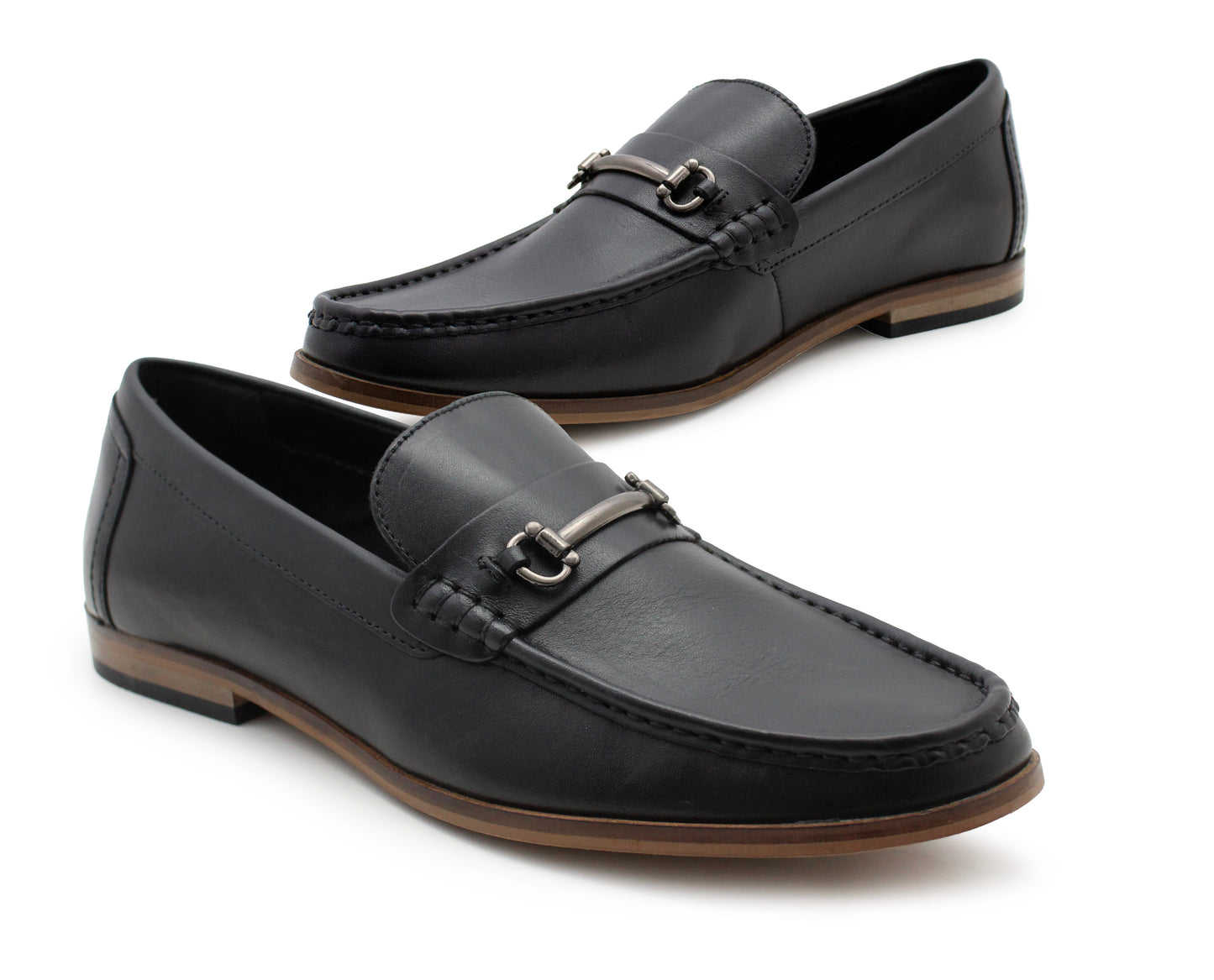 Mens Black Leather Loafers Slip On Formal Smart Shoes Metal Detail Office Wedding Dress Shoes