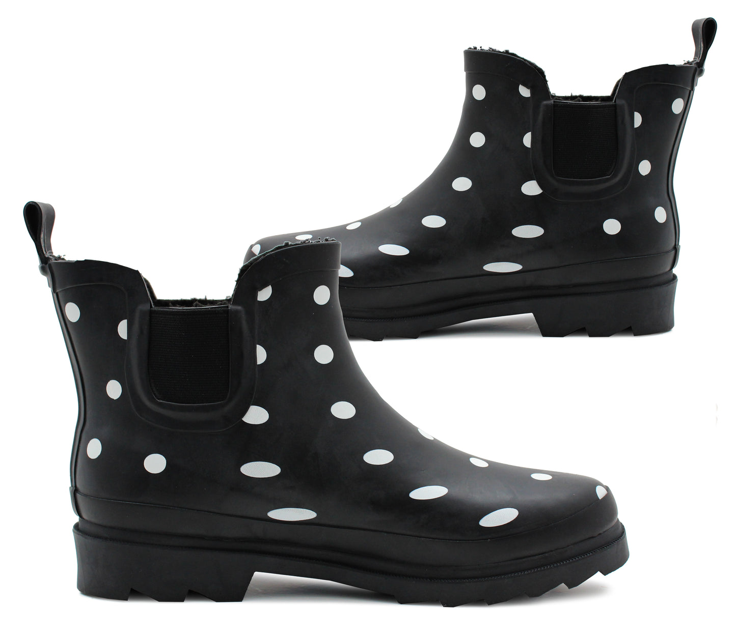 Ladies Black White Polka Dot Ankle Wellies Womens Slip On Waterproof Elastic Chelsea Style Low Cut Black Ankle High Wellington Boots