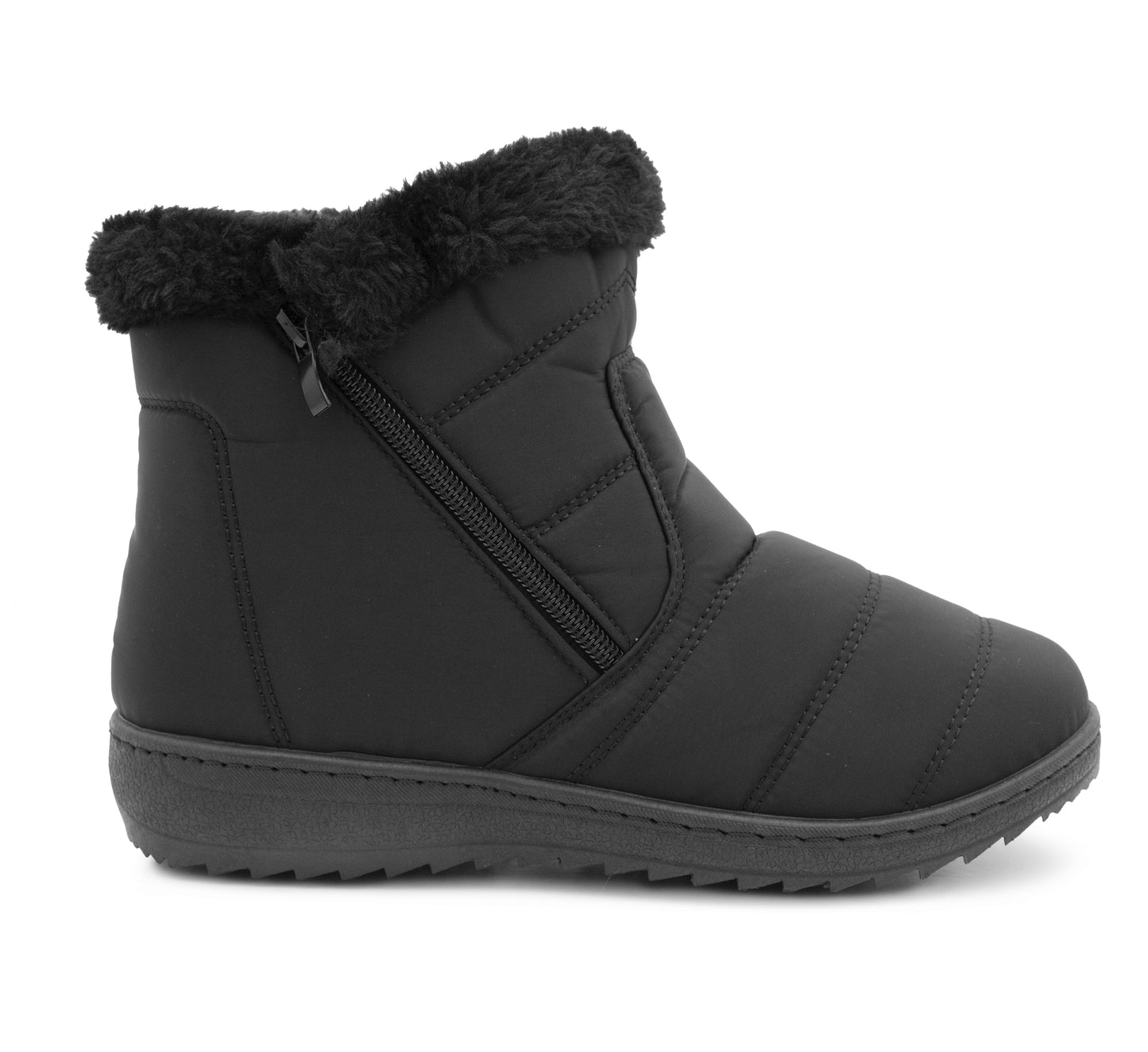 Womens Winter Black Boots Faux Fur Lined Zip Up Warm Insulated Ladies Slip On Quilted Thermal Ankle Boot