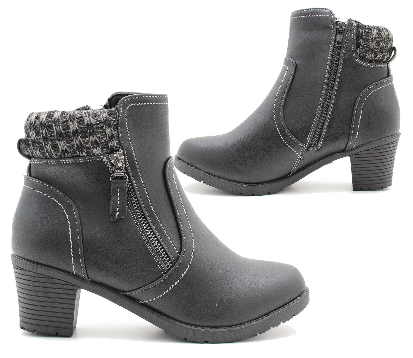 Womens Mid Heel Black Ankle Boots Ladies Zip Up Casual Fashion Block Heel Booties