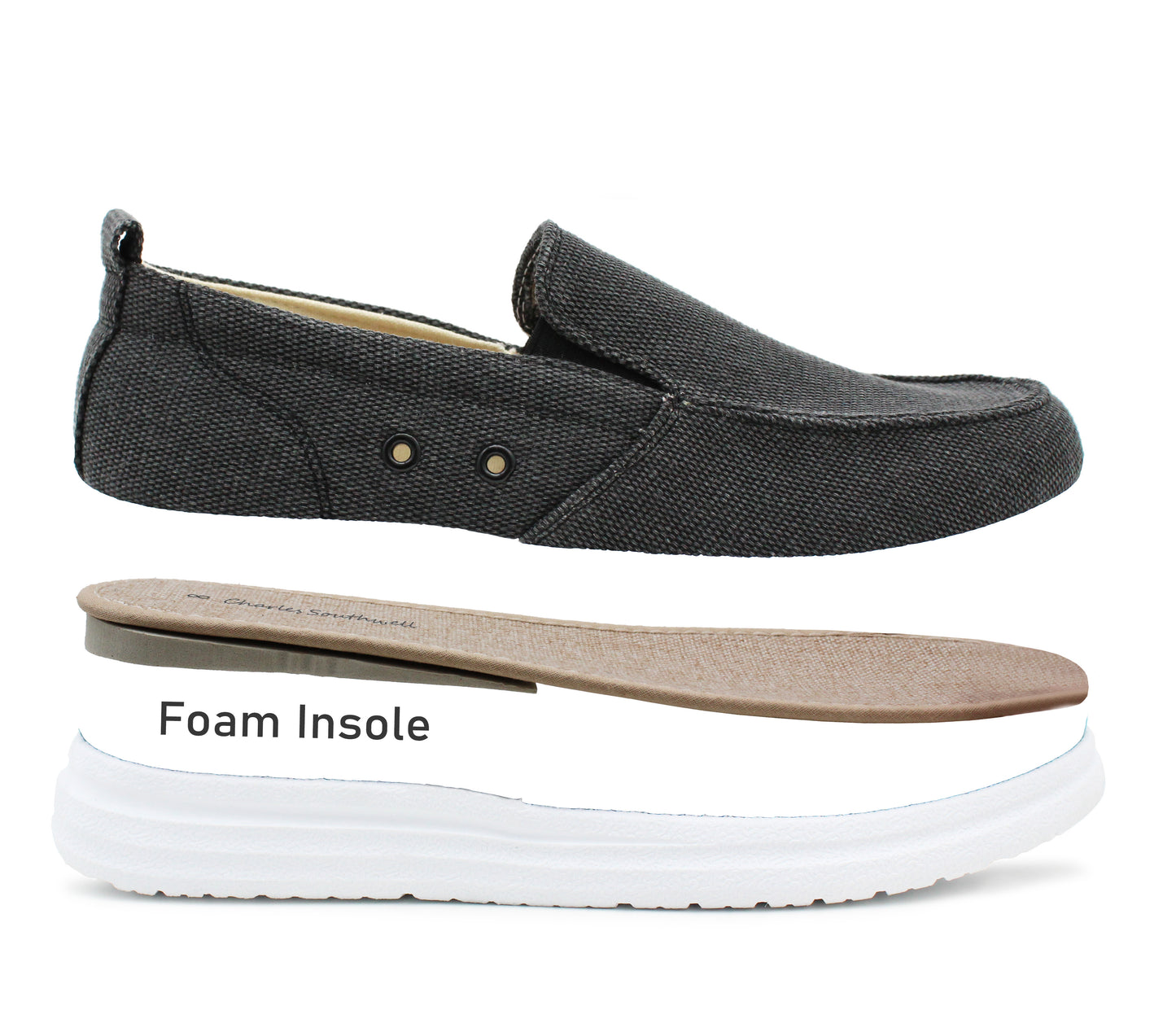 Mens Canvas Denim Slip On Trainers Elastic Flat Casual Deck Boat Shoe Loafers Charcoal Black