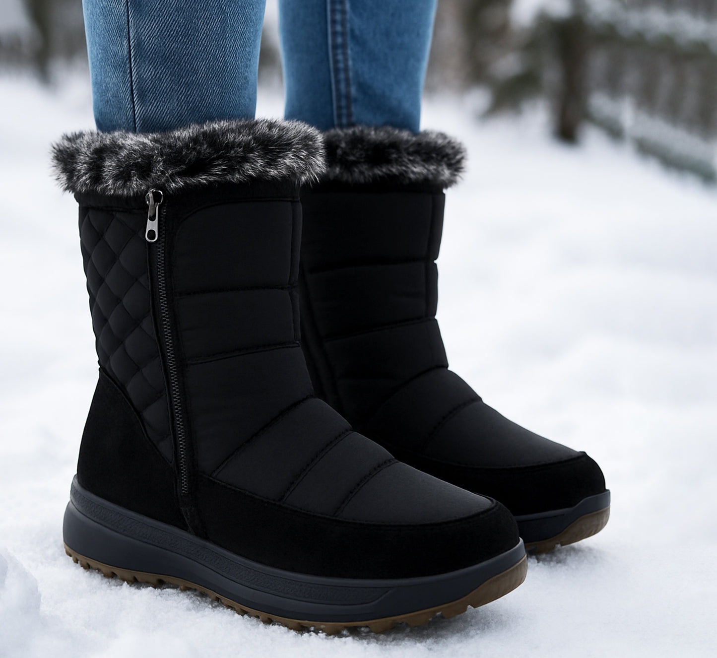 Womens Winter Snow Boots Warm Insulated Faux Fur Lined Ladies Mid Calf Zip Up Quilted Boots
