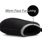 Womens Warm Slippers Black Faux Suede Fur Lined Slip On Backless Mules Ladies Faux Suede Winter Cosy Indoor House Shoes Sliders