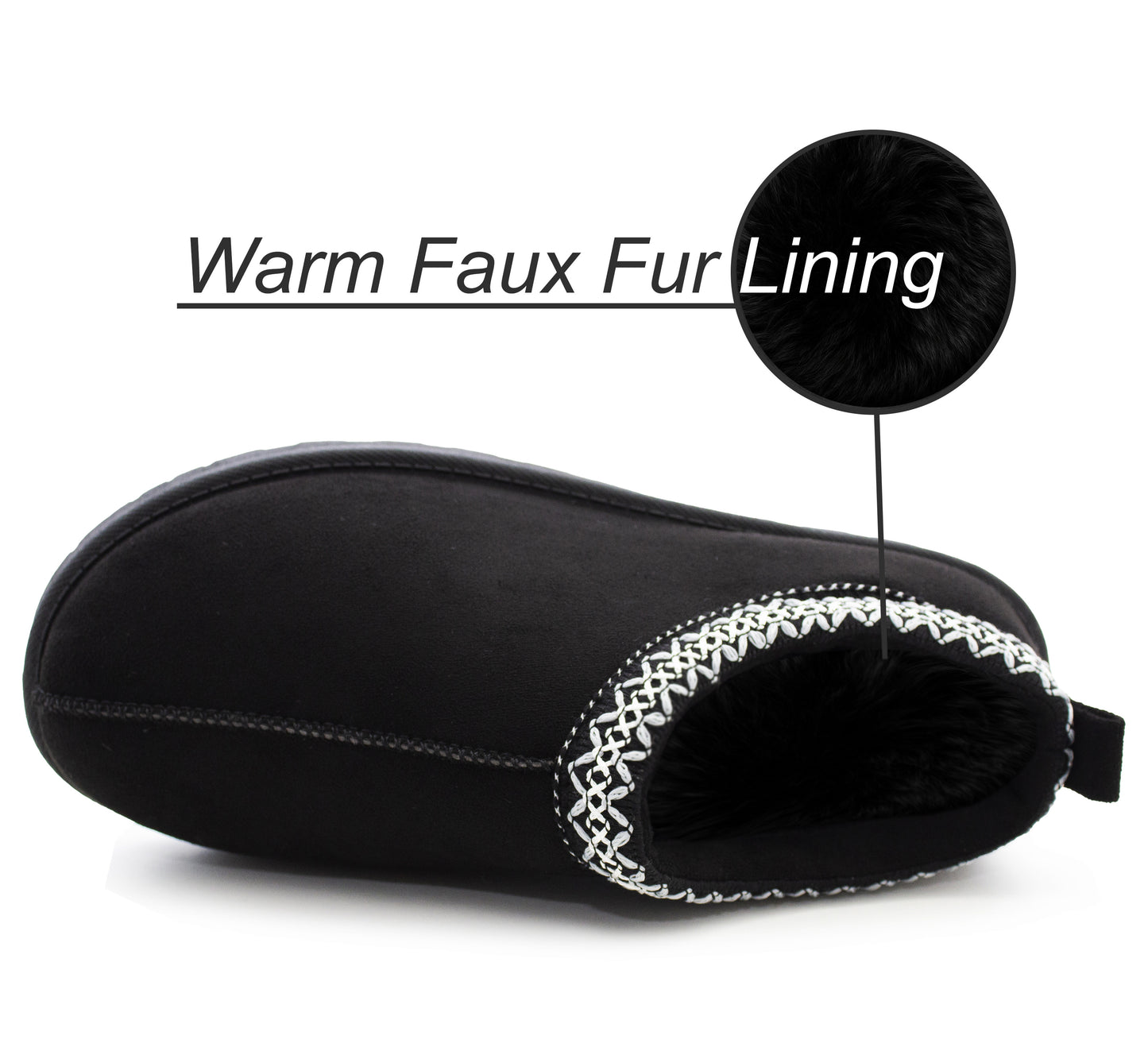 Womens Warm Slippers Black Faux Suede Fur Lined Slip On Backless Mules Ladies Faux Suede Winter Cosy Indoor House Shoes Sliders