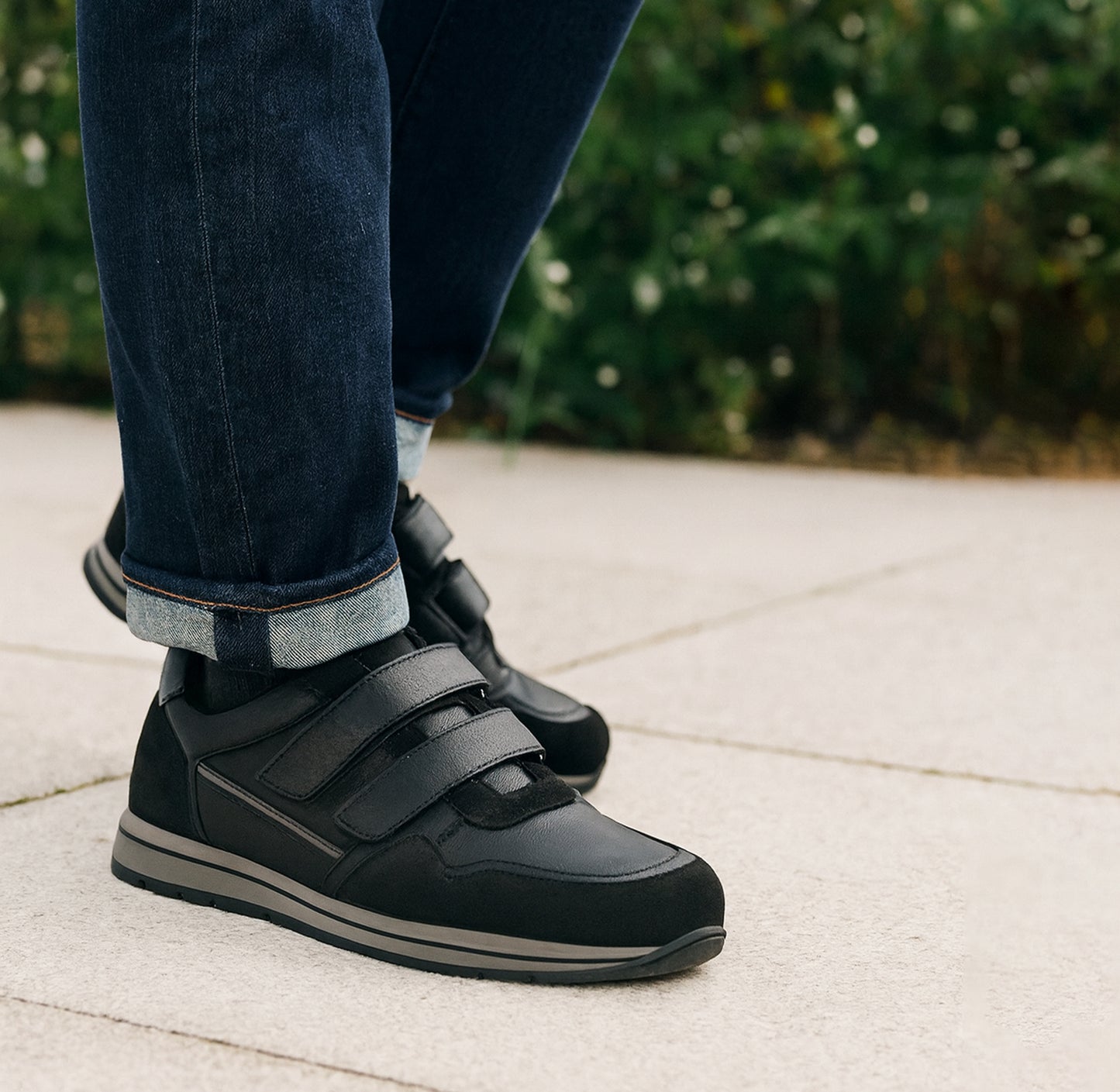 Men’s Black Leather Trainers Shoes Casual Double Strap Touch Fastening Sneakers Smart Slip On Walking Shoes