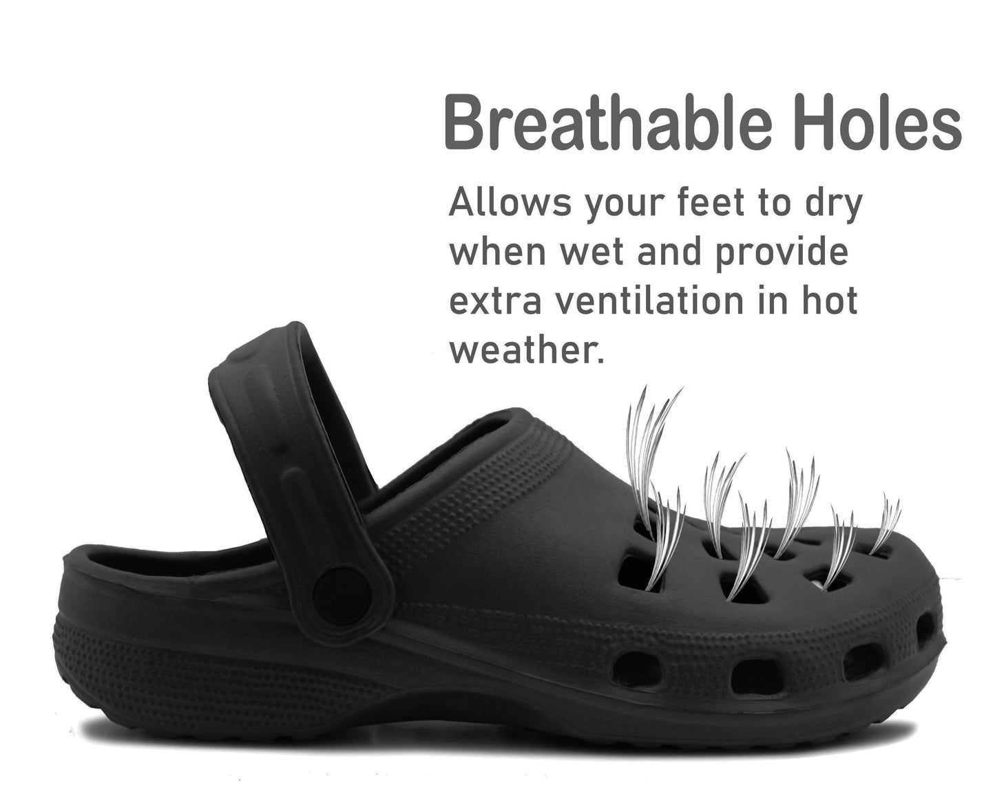 Womens Lightweight Black EVA Clogs Slip On Breathable Adjustable Strap Garden Beach Hospital Nurse Kitchen Water Shoes Sandals