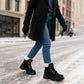 Womens Black Winter Ankle Boots Chunky Sole Platform Faux Fur Lined Warm Fleece Trim Ladies High Top Hiking Combat Fashion Boots