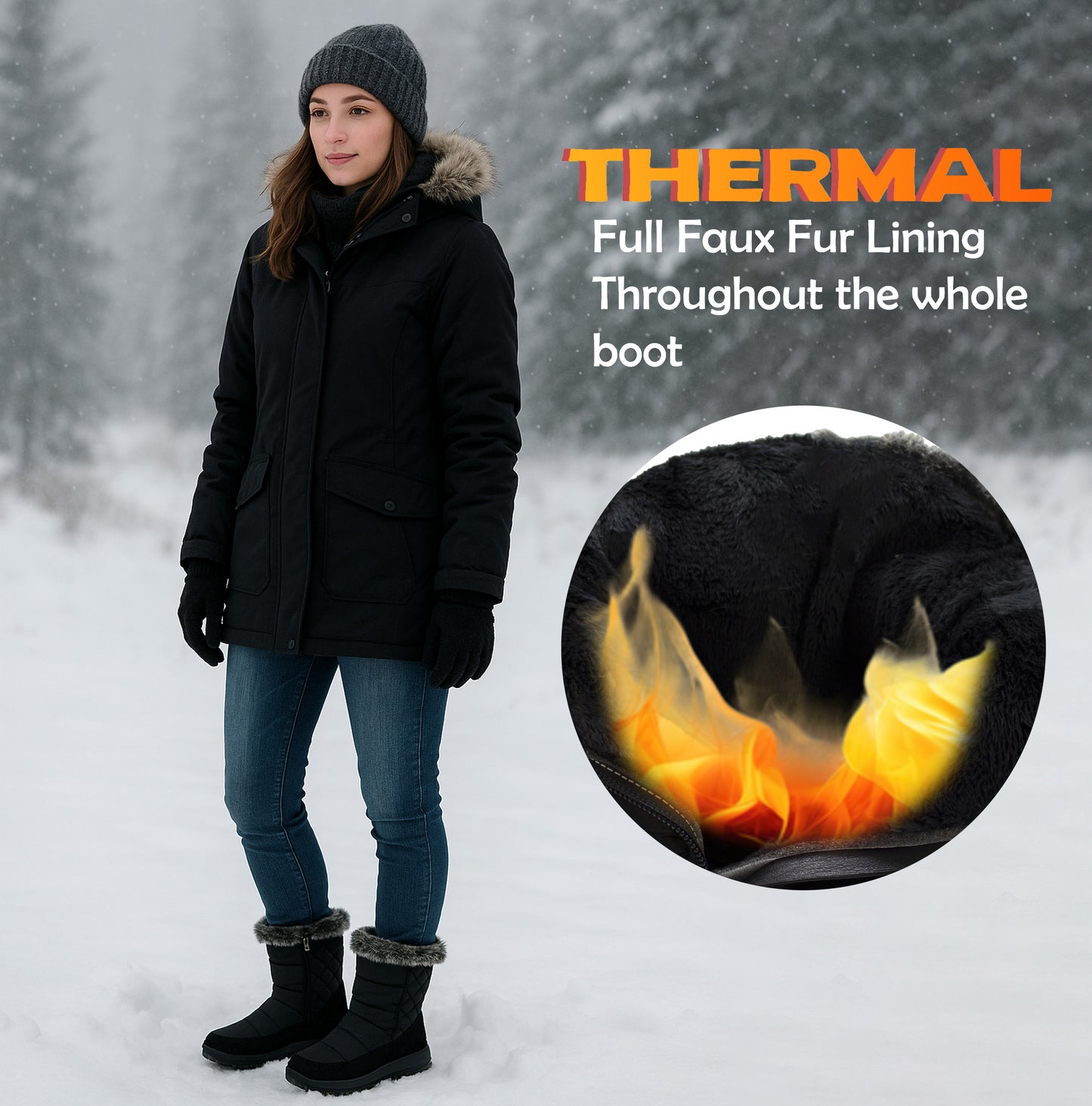 Womens Winter Snow Boots Warm Insulated Faux Fur Lined Ladies Mid Calf Zip Up Quilted Boots